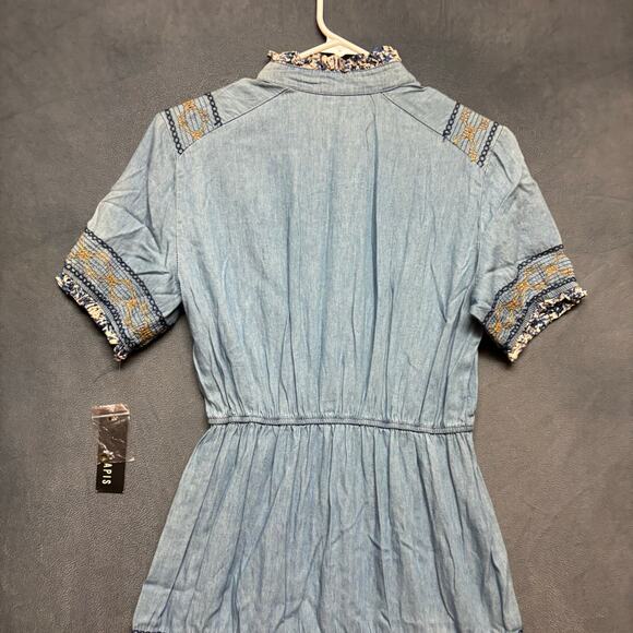 Lapis Embroidered Chambray Maxi Dress S Blue Cottagecore Hippy Boho Soft Denim - Picture 9 of 11